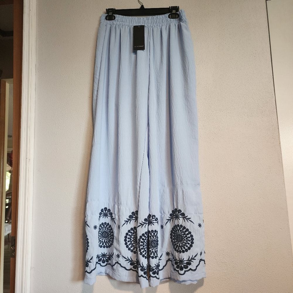 Woman's L Palazzo Pants Blue With Dark Blue Embrodery Detail At Bottom